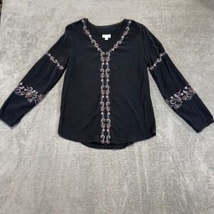 J Jill Black Embroidered V Neck Long Sleeve Tunic Top Women's‎ XS Boho Peasant